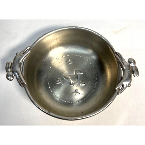 Reed & Barton Pewter Baby Bowl With Bunny Handles & Duck Motif - Picture 2 of 4